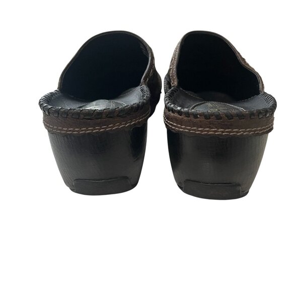 Clarks Artisan Leather Slip On Brown Embroidered Clogs 7 Comfy Wedge Boho Casual - Picture 7 of 9